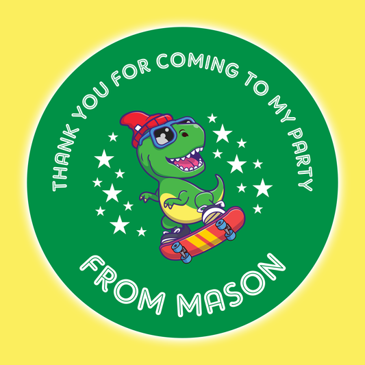 Skate Boarding Dinosaur - Party Stickers - Thank You