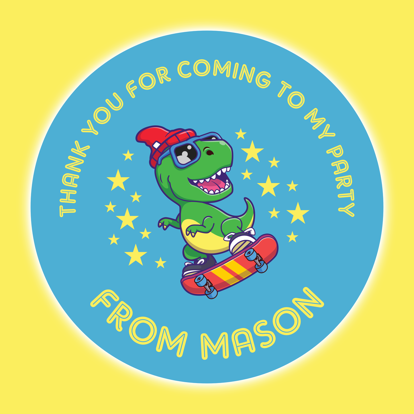 Skate Boarding Dinosaur - Party Stickers - Thank You