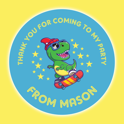 Skate Boarding Dinosaur - Party Stickers - Thank You
