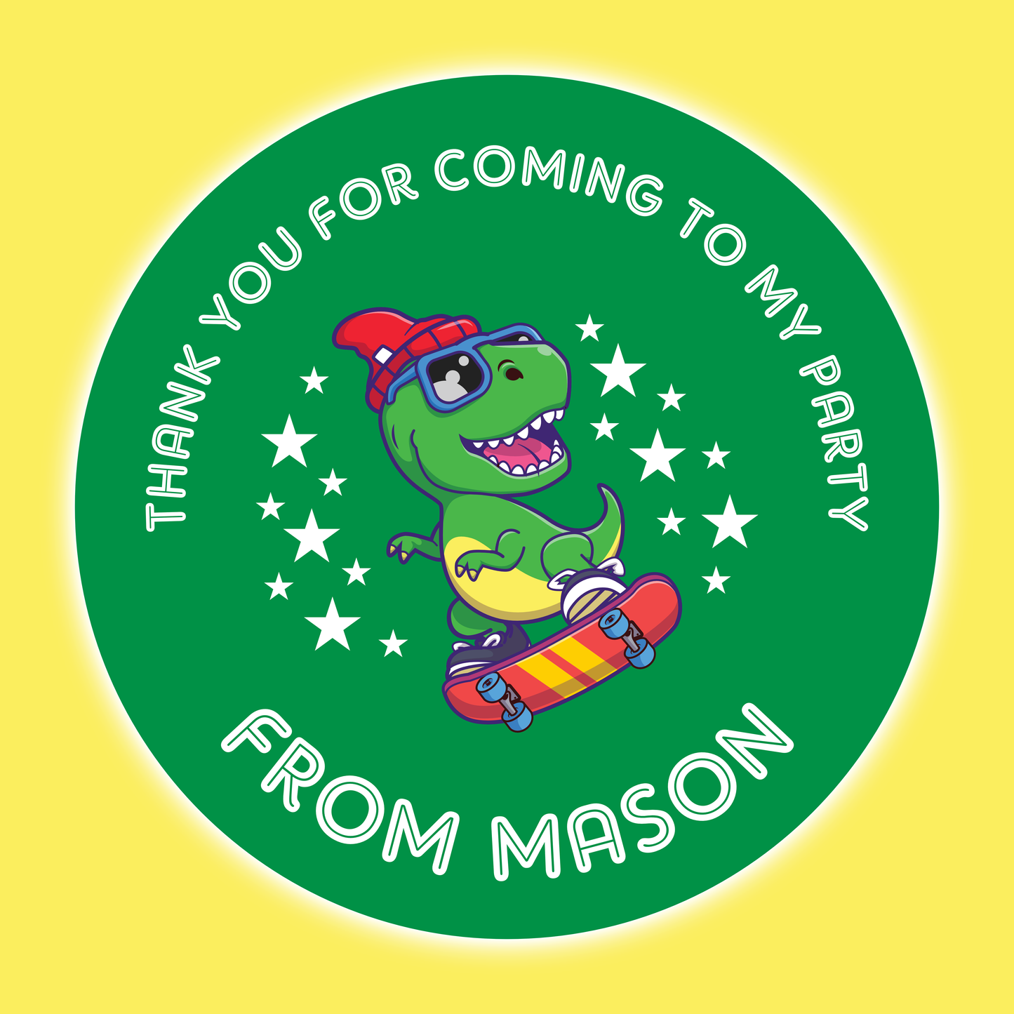Skate Boarding Dinosaur - Party Stickers - Thank You