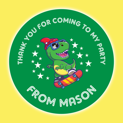 Skate Boarding Dinosaur - Party Stickers - Thank You