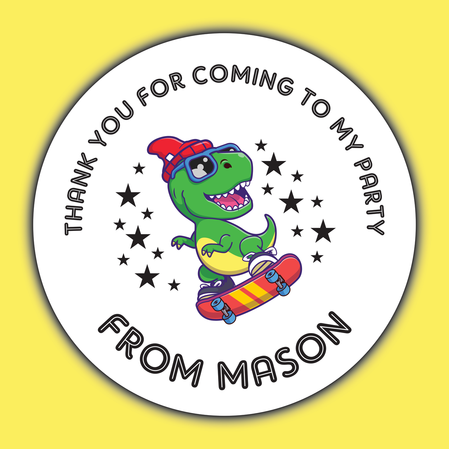 Skate Boarding Dinosaur - Party Stickers - Thank You