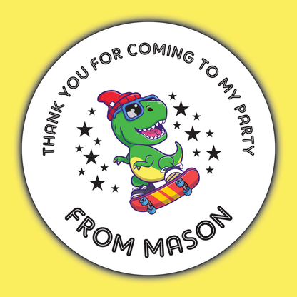 Skate Boarding Dinosaur - Party Stickers - Thank You